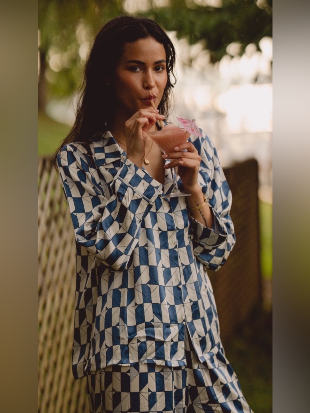 EBERJEY INEZ WASHABLE SILK PRINTED LONG PJ SET, SIZE L.